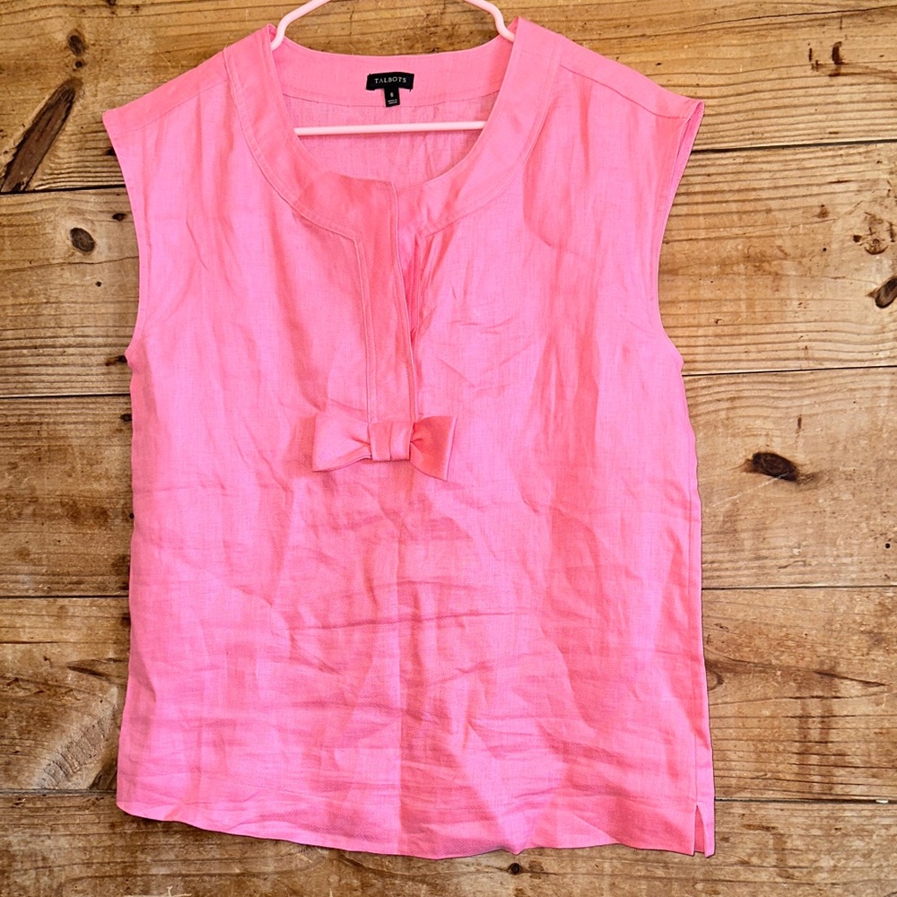 Talbots Bright Pink Sleeveless Linen Top with Front Bow